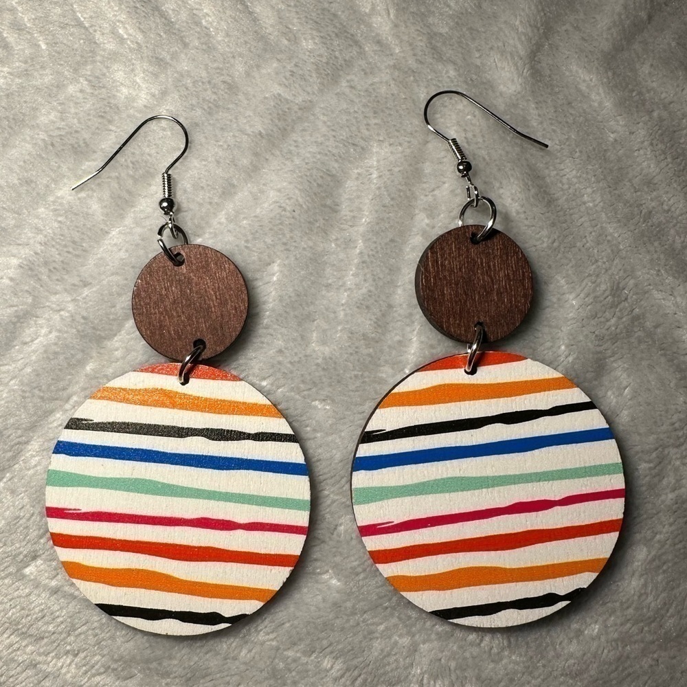 Wooden Colorful Painting Geometric Round Earrings